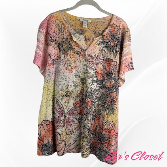 Style & Co Women's Floral & Butterflies Pink Orange With Pink Rhine Stones Sz 2x - Picture 1 of 7